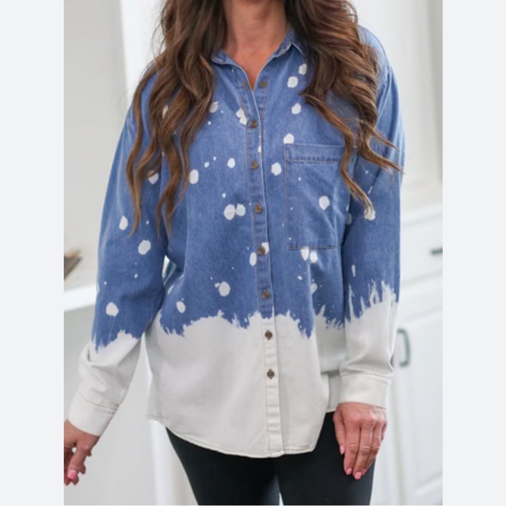 Acid Wash Button Up Denim Top-Medium Blue Oversized